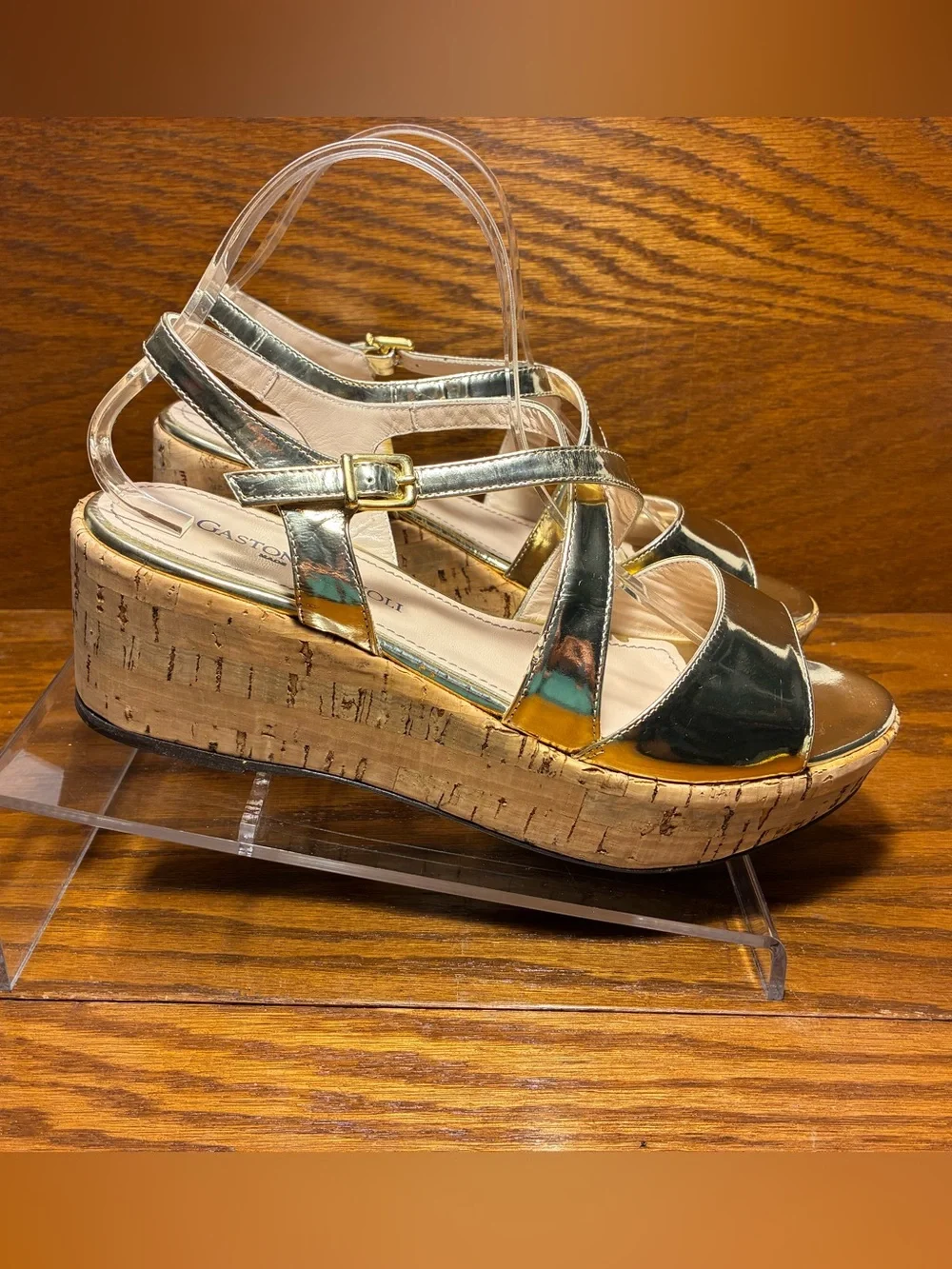 Gastone Lucioli ITALY MADE Metallic Gold Cork Platform Wedge Sandals EU40 US 9.5